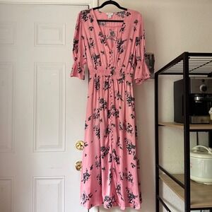 GHOST LONDON pink floral satin puff short sleeve button up midi dress